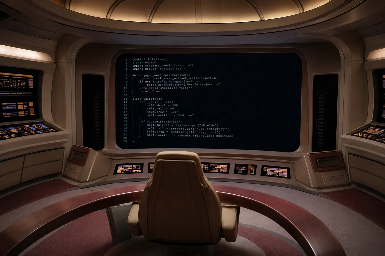 A wide cinematic shot of a futuristic starship bridge interior, evoking the design language of 1990s science fiction television — beige walls, soft maroon and grey accents, ambient warm lighting, a curved captain's chair in the foreground from behind. The main viewscreen ahead, instead of showing stars, displays slowly resolving lines of glowing source code being composed in real time. Empty bridge, no characters.