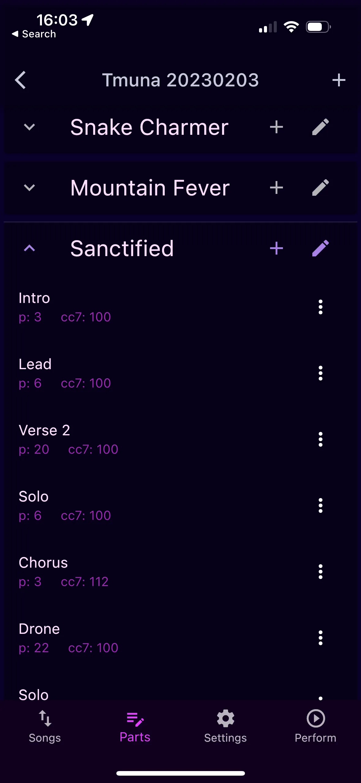 A list of songs, two collapsed and one expanded, showing its parts with MIDI hints