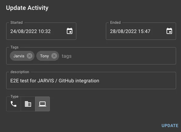 A dialog depicting the times, tags, description and type of an activity in Chronomatic