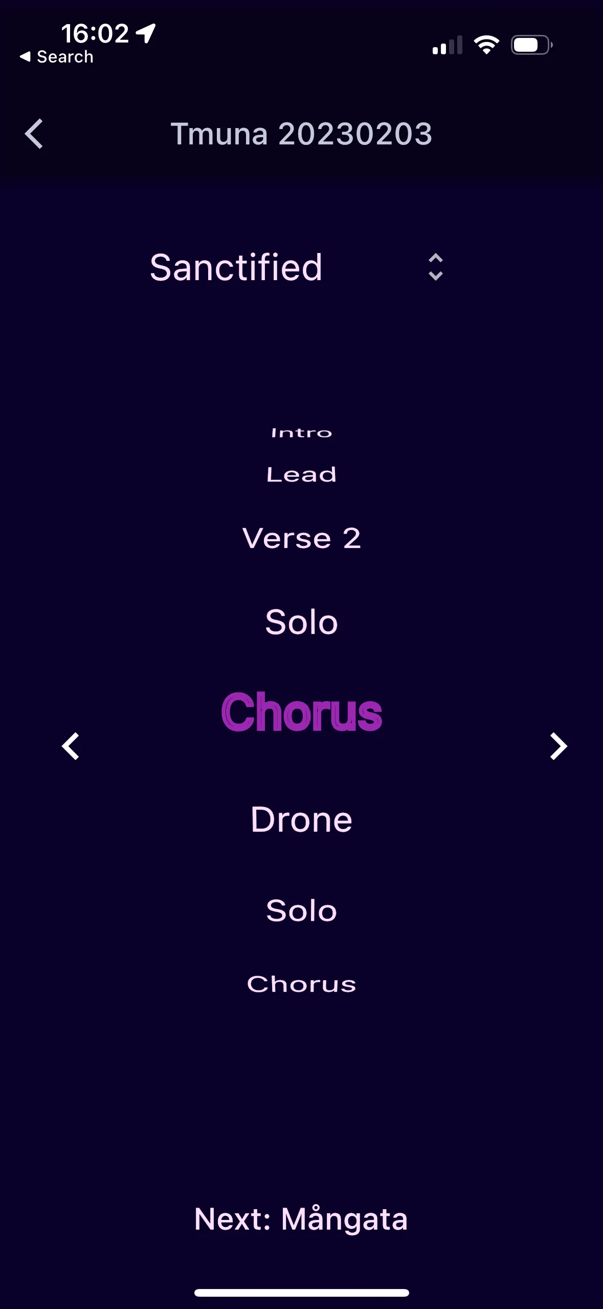 A screen dedicated to performance, displaying current song, a wheel of parts in the current song, and the next song